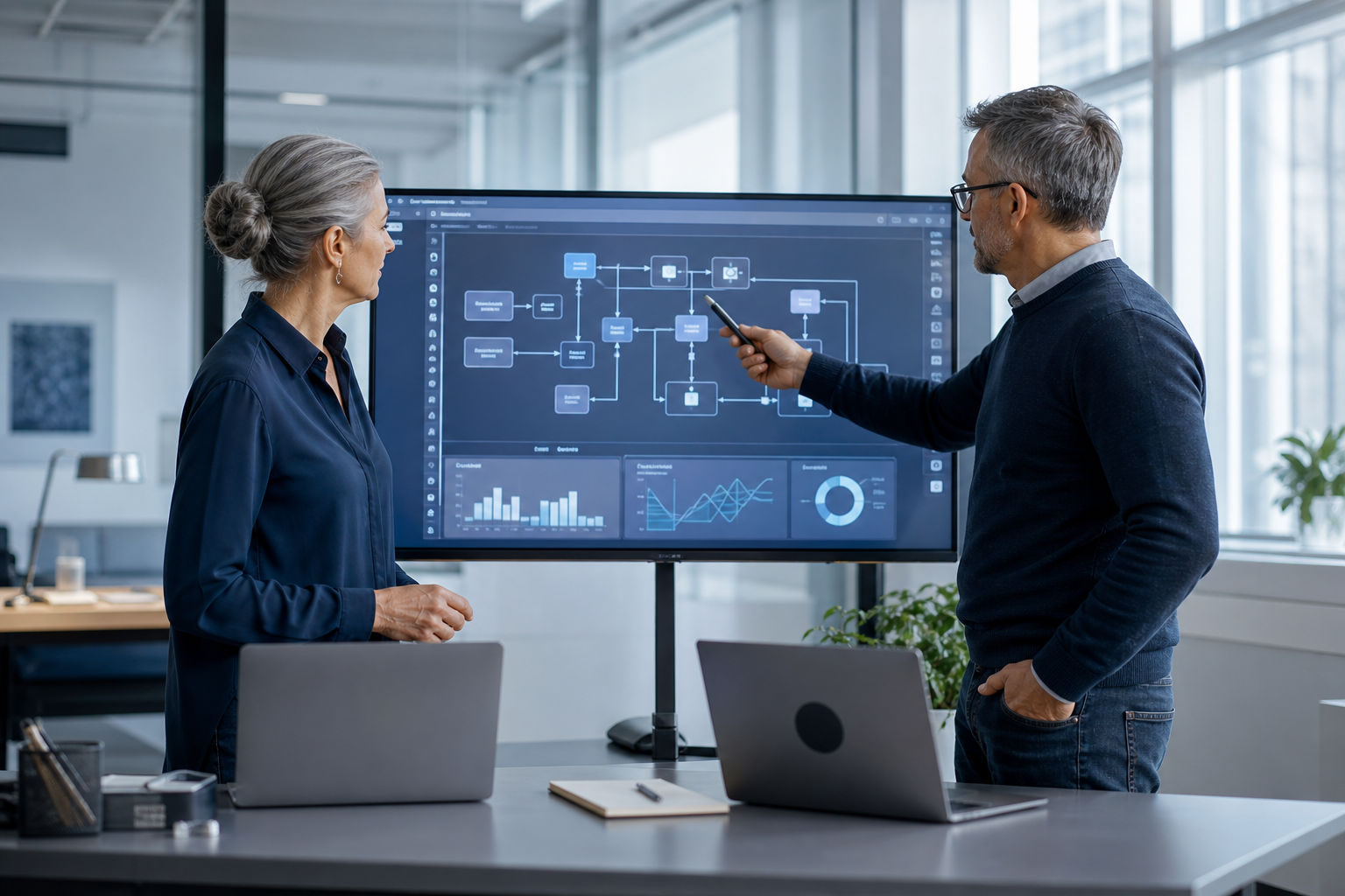 Especialistas diseñando la arquitectura y los flujos de una plataforma de software