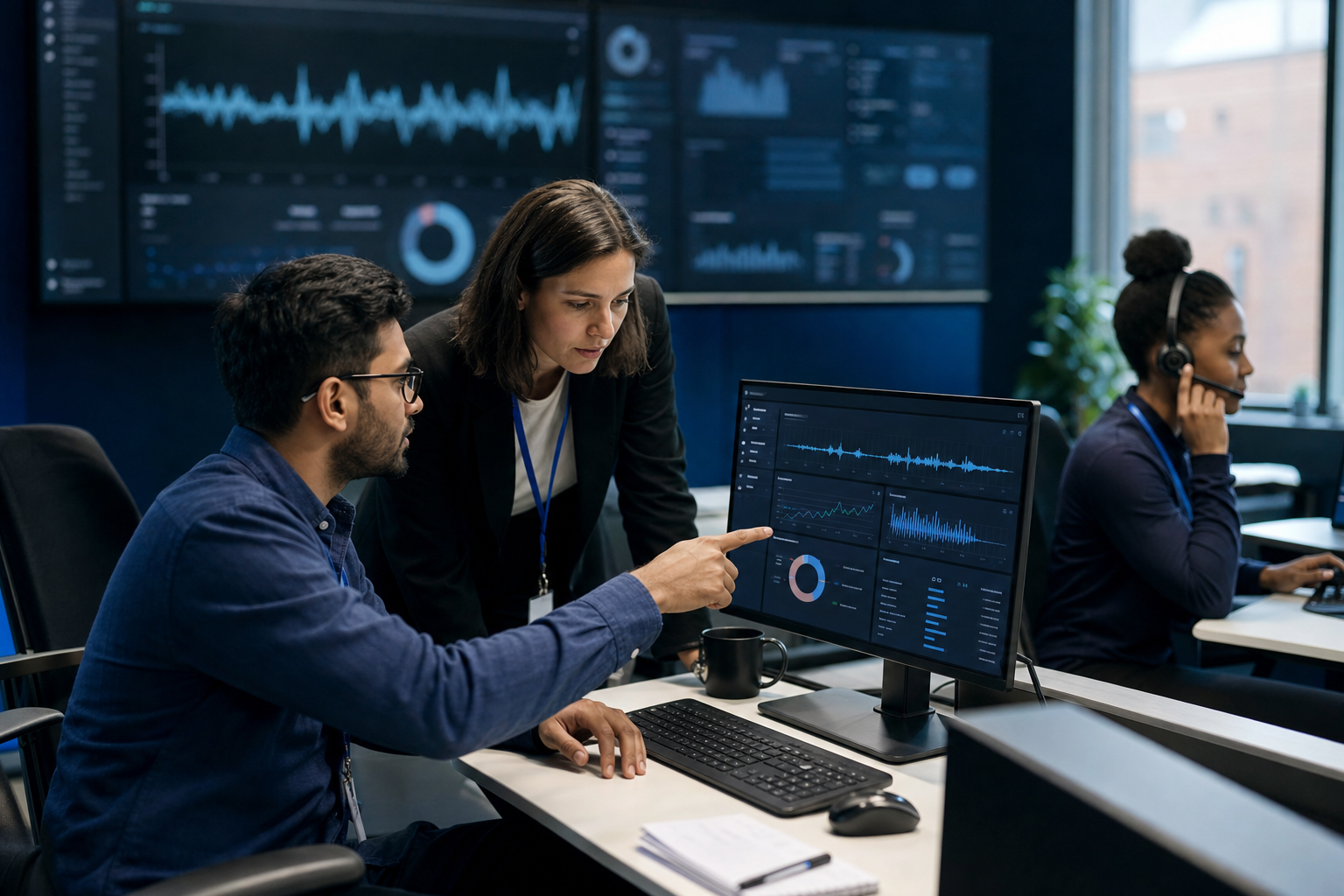 Equipo evaluando una plataforma con analítica de llamadas e inteligencia artificial