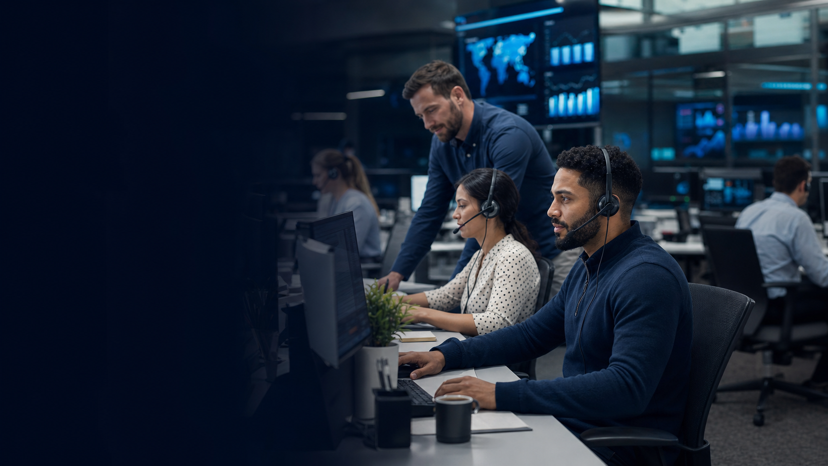 Equipo profesional atendiendo llamadas en una operación de Contact Center
