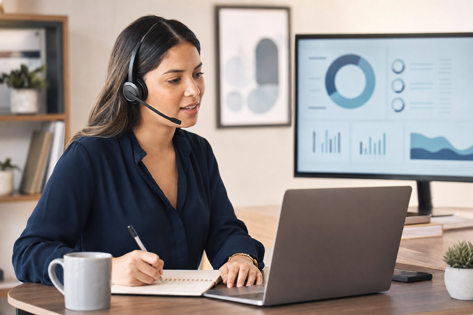 Asesora realizando una llamada comercial y registrando información
